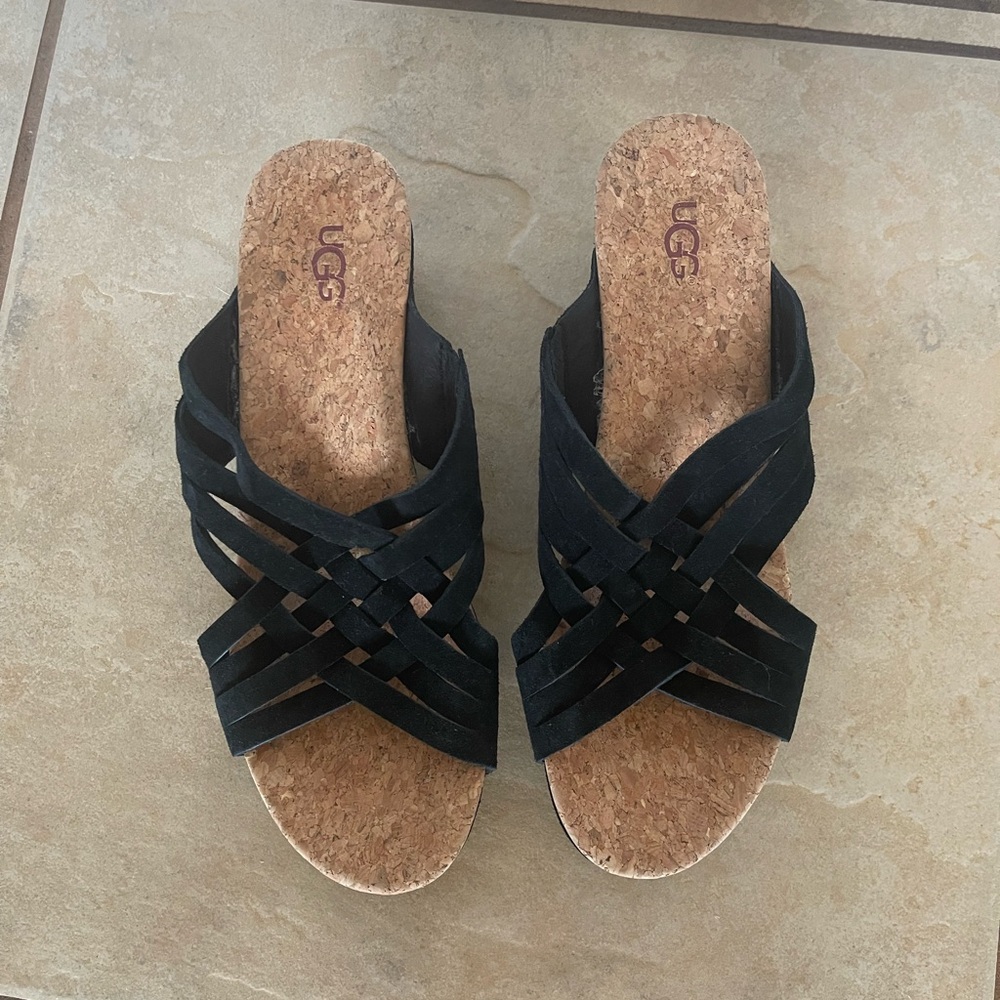 NWOT UGG Black Suede Woven Mules with Cork Sole